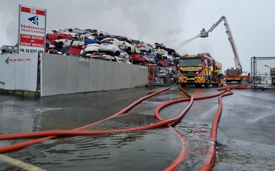 Fire doused at National Steel scrap metal yard in Woolston, Christchurch on 18 August 2022.