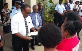Solomon Islands' acting prime minister Manasseh Maelanga receives anti-corruption petition from civil society representatives. September 2017