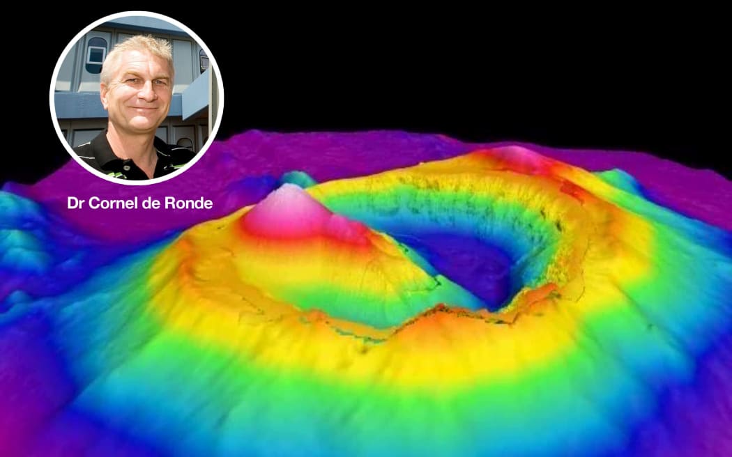 Voyage co-leader Cornel de Ronde superimposed on a 3D image of Brothers submarine volcano.