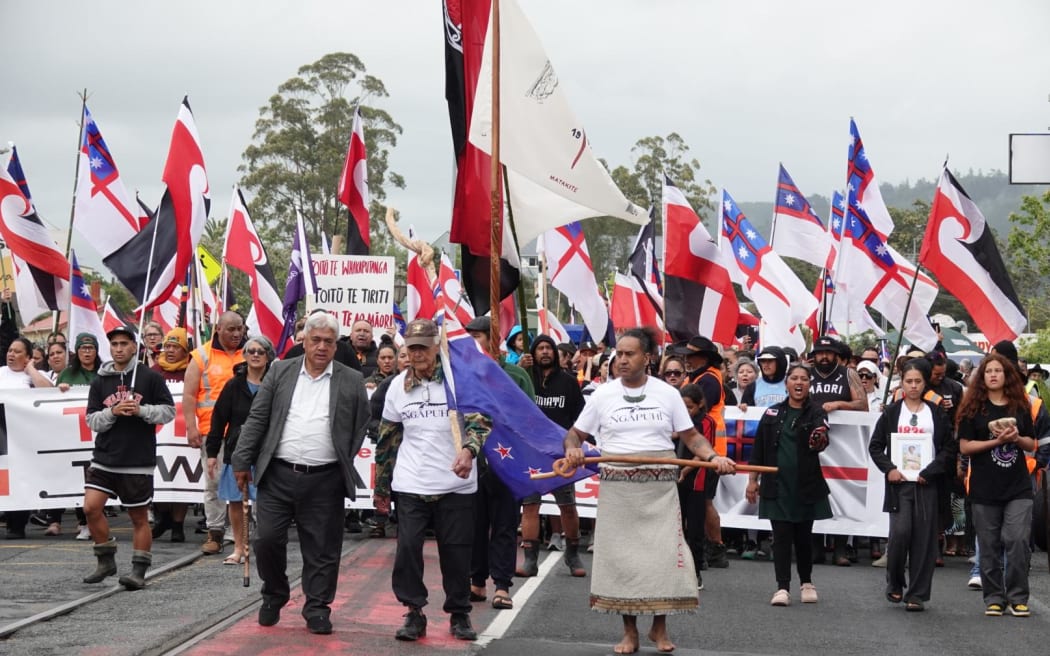 Hirini Tau, Hirini Henare and Mori Rapana lead the hīkoi through Kawakawa, on 11 November, 2024.