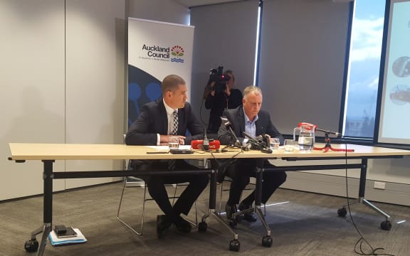 Steve Armitage from ATEED (left) and Rod Marler from Panuku at the announcement of the five options for the America's Cup base in Auckland.
