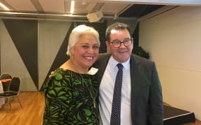 Luamanuvao Dame Winnie Laban and Grant Robertson at the Pasifika and Maori Business Networks post-budget meeting
