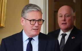 Britain's Prime Minister Keir Starmer welcomes New Zealand Prime Minister Christopher Luxon (rear R) for their bilateral meeting inside 10 Downing Street in central London, on April 22, 2025. (Photo by Frank Augstein / POOL / AFP)
