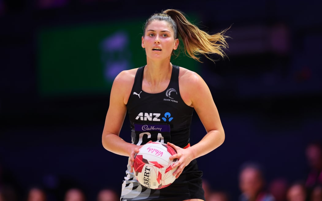 Georgia Heffernan of New Zealand Silver Ferns in action during the 2024 Nations Cup.