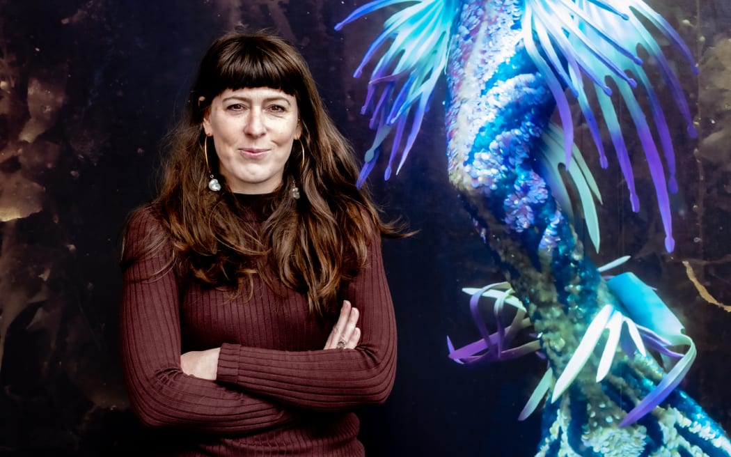 Megan dunn at her "Mermaid" exhibition at the Adam Gallery, Victoria University, 2022.