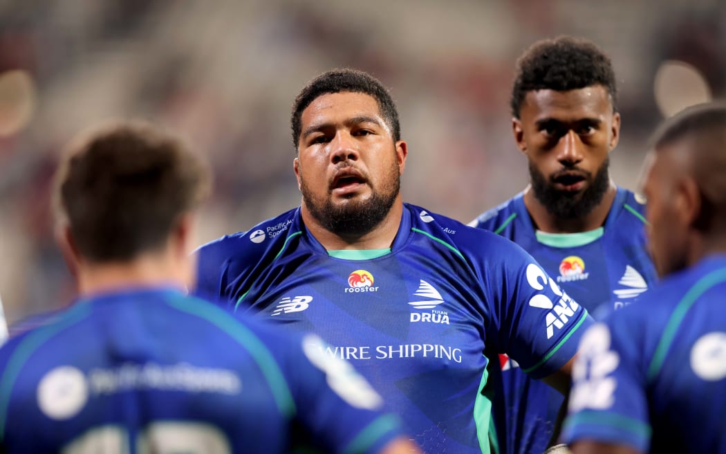 Fiji Drua’s Kaliopasi Uluilakepa against the Crusaders, 2022 Super Rugby Pacific match in Christchurch, New Zealand.