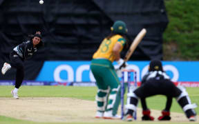 KUCHING, SARAWAK, MALAYSIA - JANUARY 18: Rishika Jaswal of New Zealand bowls during the ICC Women's U19 T20 World Cup match between New Zealand and South Africa at Borneo Cricket Ground on January 18, 2025 in Kuching, Sarawak, Malaysia. (Photo by Matthew Lewis-ICC/ICC via Getty Images)