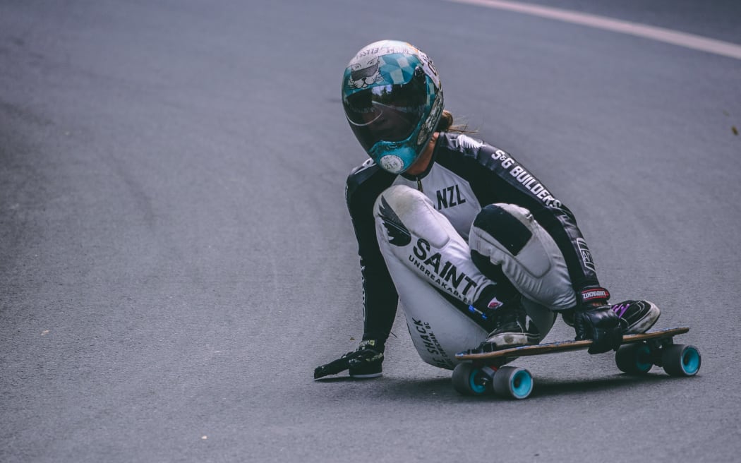 Elissa Mah sliding at the Downhill Skateboarding World Championships.