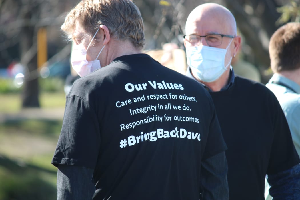 Protesters gather outside of the Canterbury Health Board corporate office on 20 August.