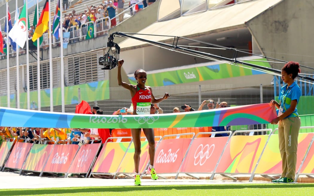 Kenya's Jemima Sumgong wins the women's marathon at the 2016 Rio Olympic Games.