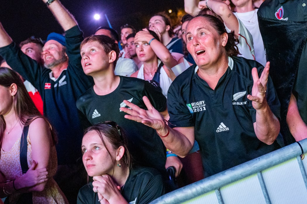 New-Zealand fans at Concorde Rugby Village during the broadcast of the opening match of the France-New Zealand Rugby World Cup on 8 September, 2023.