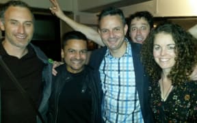 Greens leader James Shaw at a politically themed housewarming party