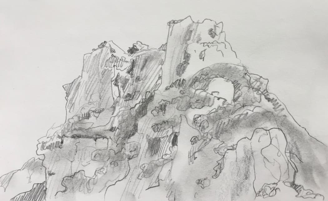 Bush-covered cliffs on Aorangi Island, sketched by Abby McBride.