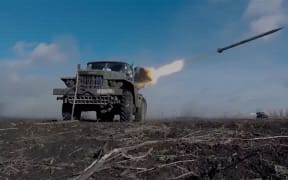 Image grab from file footage of Ukrainian army battling Russian-backed forces in Donbas (Donbass) war zone in eastern Ukraine. Russia launches military operation in Donbass region and invades multiple Ukrainian cities on Thursday Feb 24, 2022.