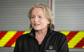 Mackenzie District Mayor Anne Munro speaks to reporters as heavy rain causes flooding in the South Island on 21 September, 2023.