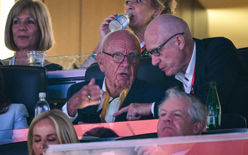 MILWAUKEE, WISCONSIN - JULY 17: Rupert Murdoch (L) speaks with Robert Thomson as they attends the third day of the Republican National Convention at the Fiserv Forum on July 17, 2024 in Milwaukee, Wisconsin. Delegates, politicians, and the Republican faithful are in Milwaukee for the annual convention, concluding with former President Donald Trump accepting his party's presidential nomination. The RNC takes place from July 15-18.   Leon Neal/Getty Images/AFP (Photo by LEON NEAL / GETTY IMAGES NORTH AMERICA / Getty Images via AFP)
