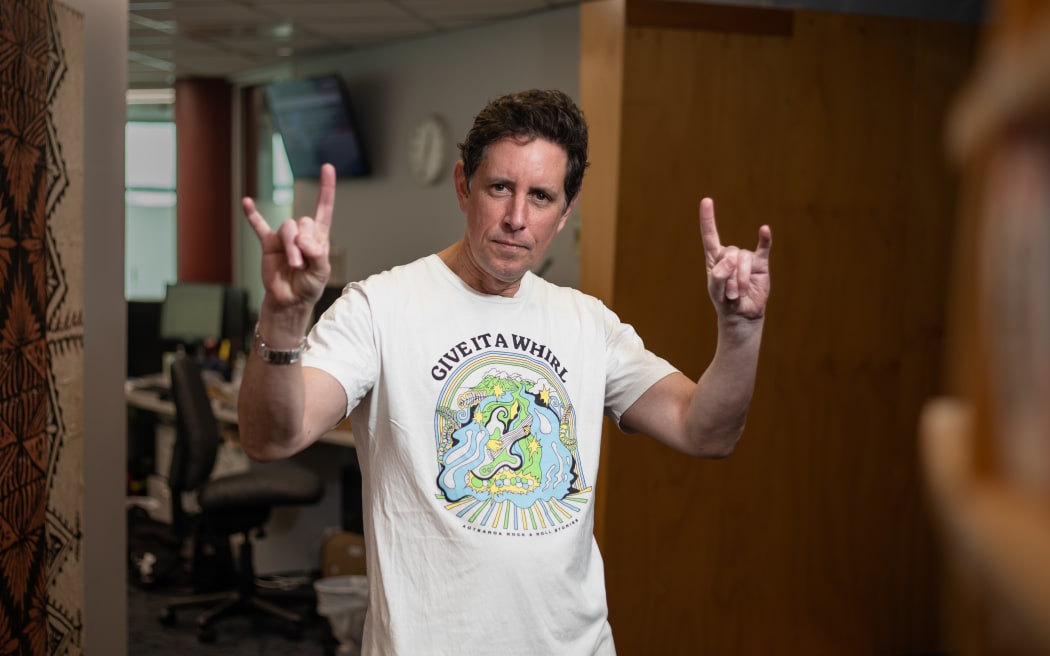 Wallace Chapman getting his rock on in a 'Give it a whirl' shirt  for NZ Music T-Shirt Day as part of New Zealand Music Month. The TV series was released in 2003, exploring five decades of popular music in Aotearoa.