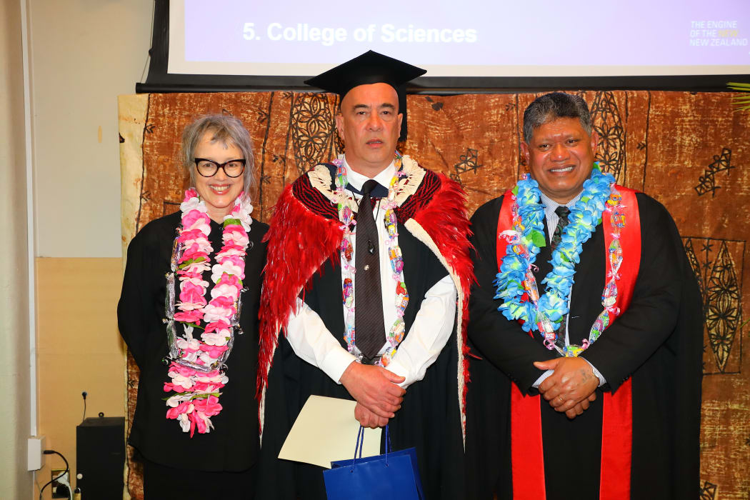 From Left: Massey University Provost Professor Giselle Brynes, James Cherrington and Dean Pacific Professor Palatasa Havea. Picture supplied by Massey University