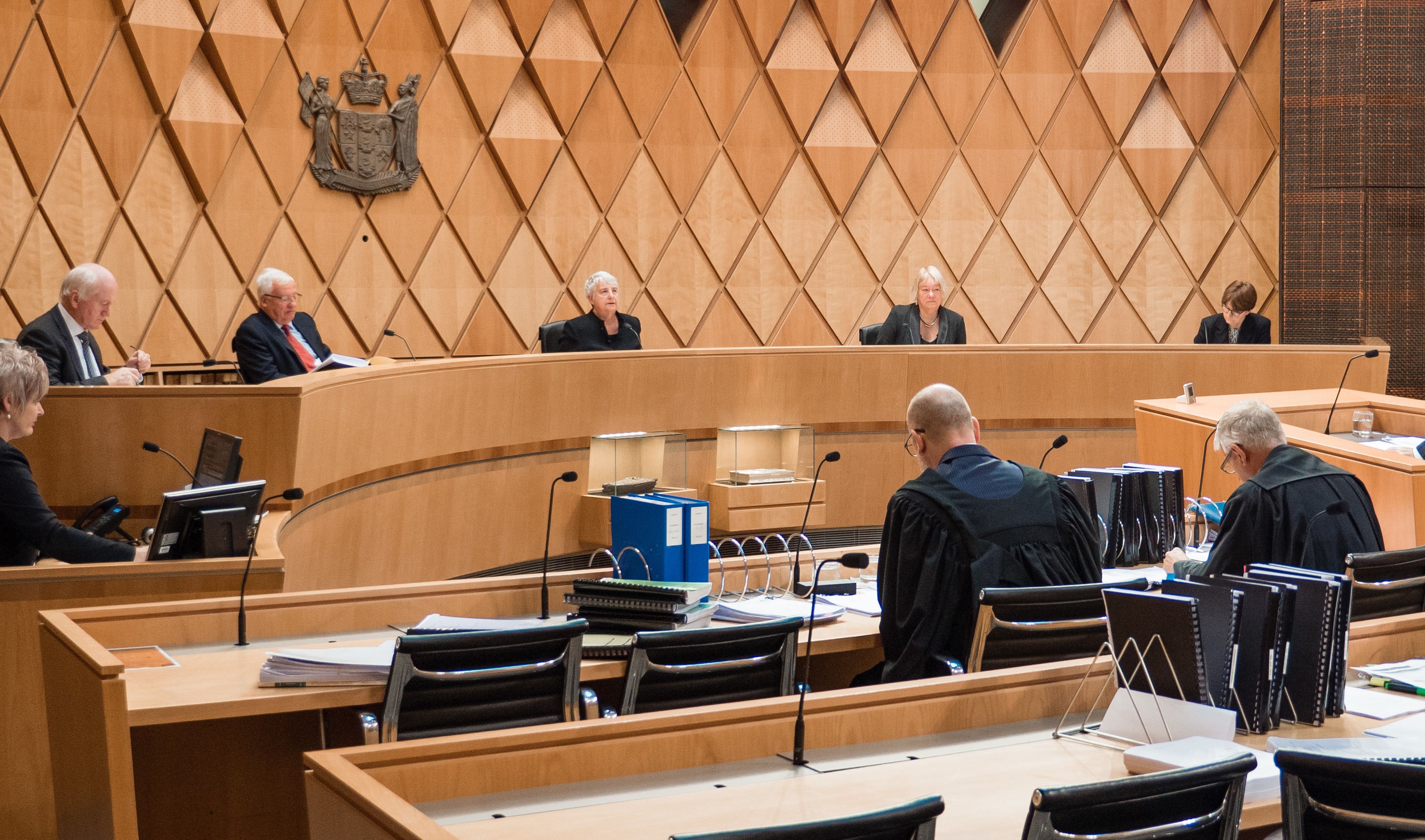 (L-R) Justice O'Regan, Justice William Young, Chief Justice Elias, Justice Glazebrook, Justice Ellen France.