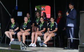 The Black Ferns being welcomed by Ngāi Tūāhuriri. From the left – front row: Kendra Cocksedge, Amy Rule, Chelsea Bremner and Georgia Ponsonby. From the left in the back, Amy du Plessis and Alana Bremner.