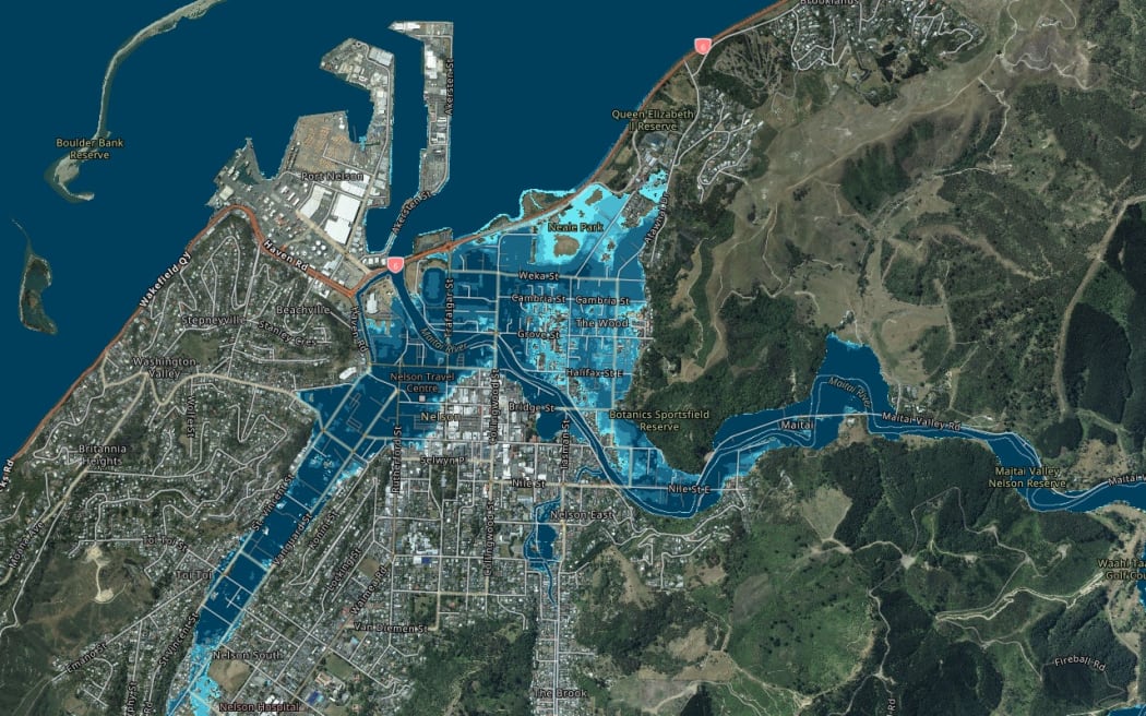 Predicted Maitai River flooding in Nelson in 2130