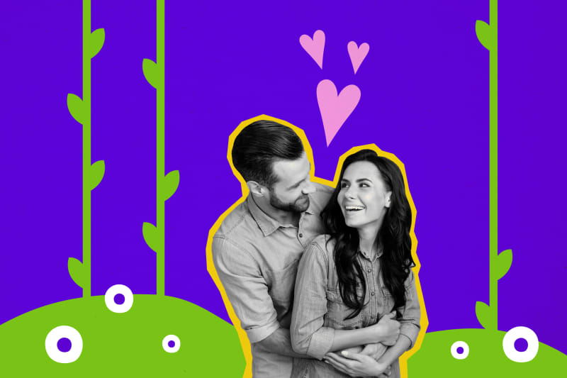 Collage picture of two peaceful black white colors partners cuddle laughing drawing heart symbol plant isolated on purple background.