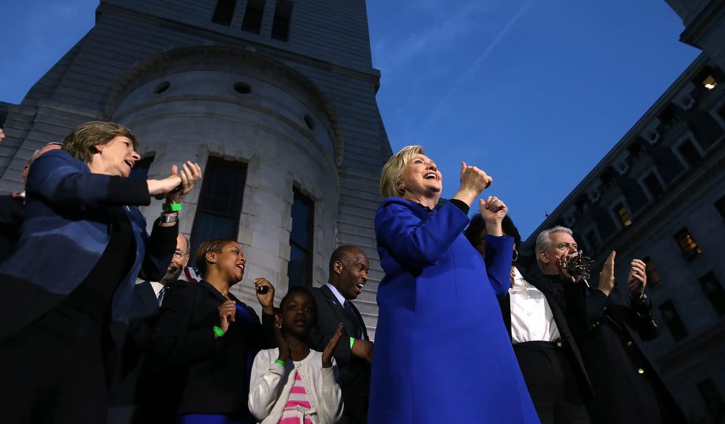 Democratic presidential candidate Hillary Clinton greets supporters at a rally at Philadelphia City Hall in Pennsylvania.
