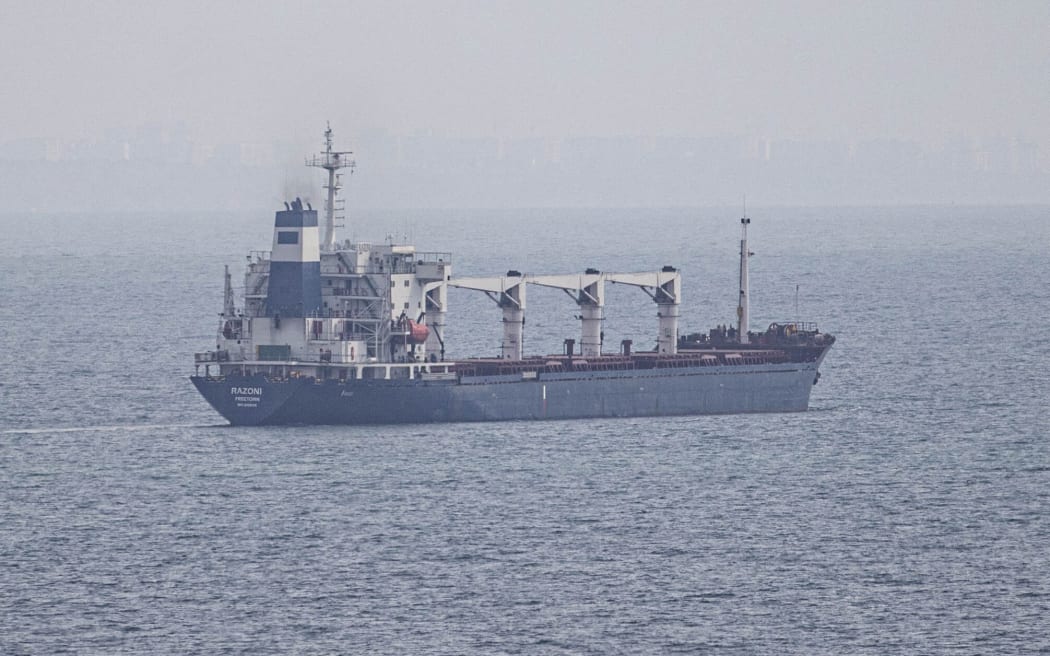 Sierra Leone-flagged dry cargo ship Razoni departs from port of Odesa in Odessa, Ukraine on 1 August, 2022 as part of a recent grain export deal signed between Turkiye, the UN, Russia, and Ukraine and expected to reach Istanbul tomorrow.