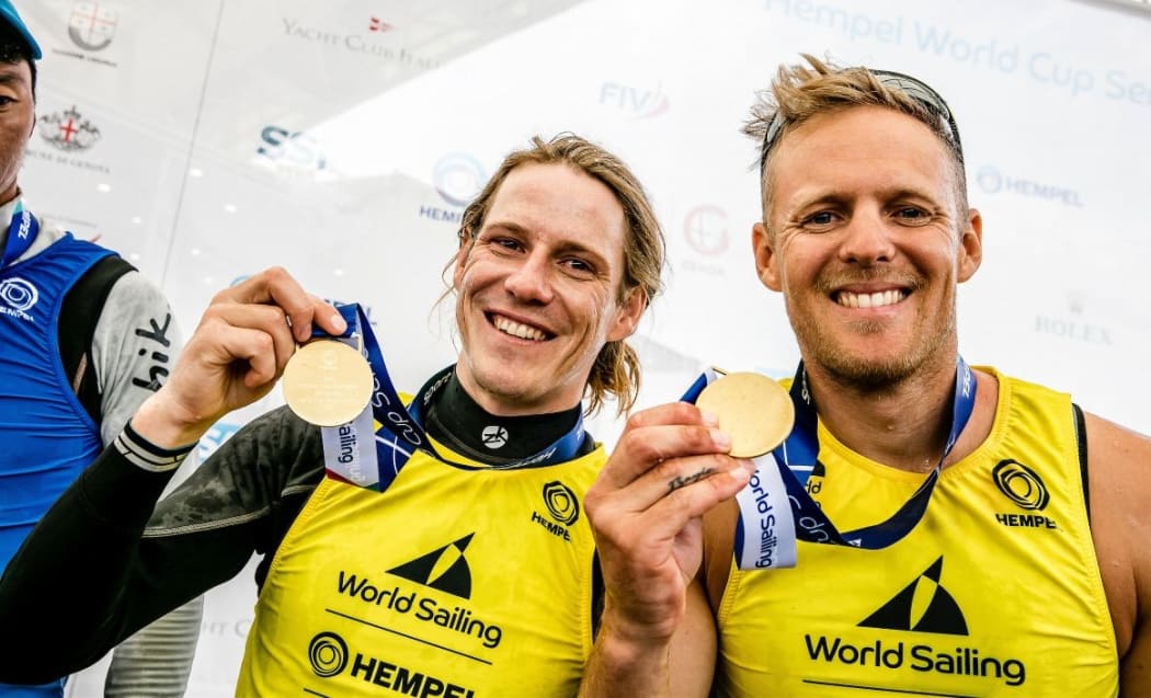 Paul Snow-Hansen and Dan Willcox after winning gold at the World Cup Series regatta in Genoa.