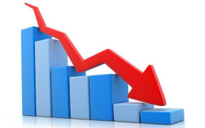 Bar graph and arrow illustrating downward trend.