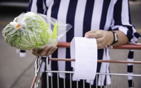 Woman shopping with trolley, holding receipt of grocery items, with food in handing, checking prices.