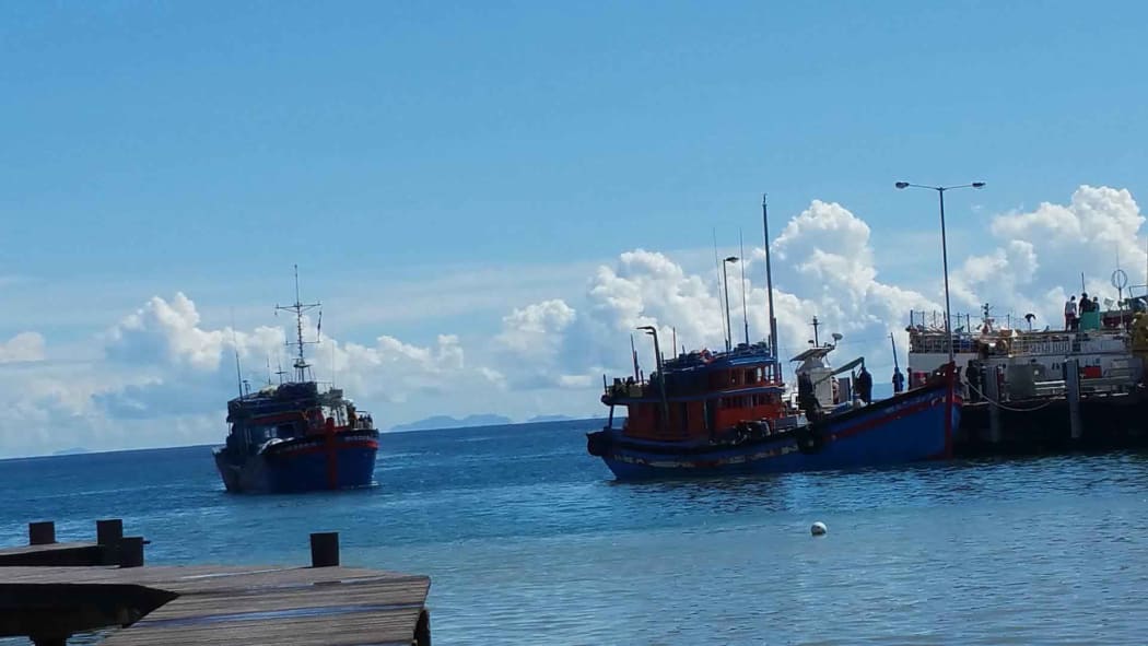Vietnamese blue boats seized in Solomon Islands Rennell and Bellona province, for allegedly fishing illegally off of Indispensable Reef, dock at the Patrol Boat Base in Honiara on Wednesday 29-03-2017.