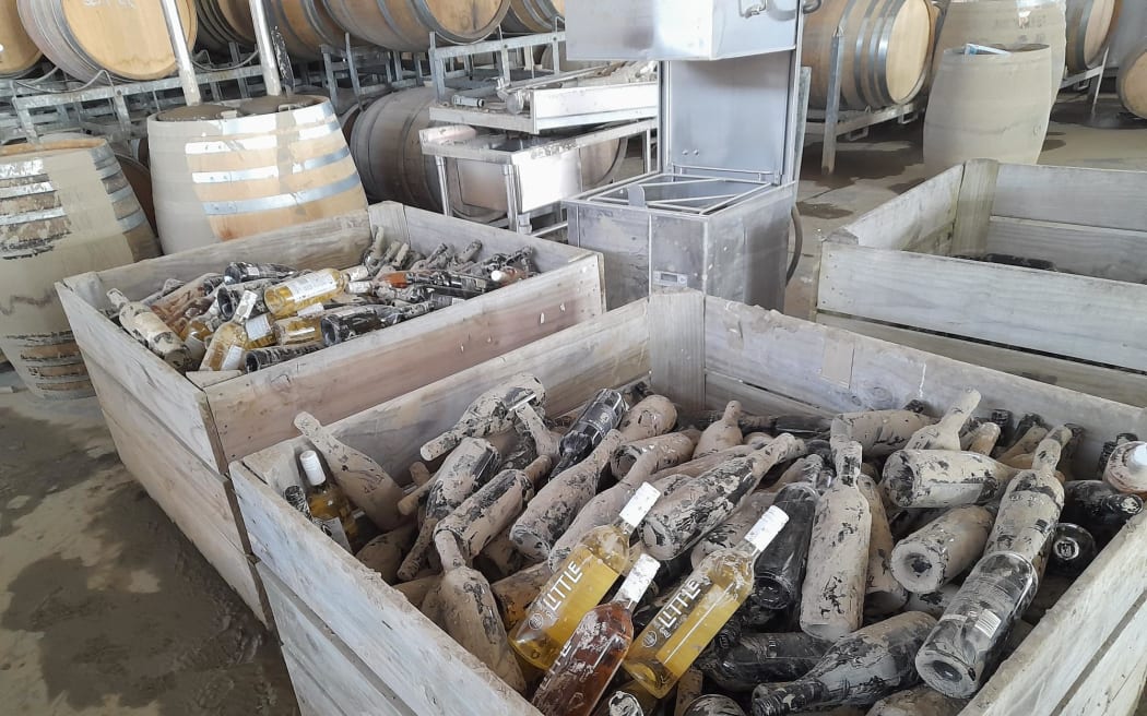 Wine bottles found in the cellar at Linden Estate after Cyclone Gabrielle tore through the Esk Valley.