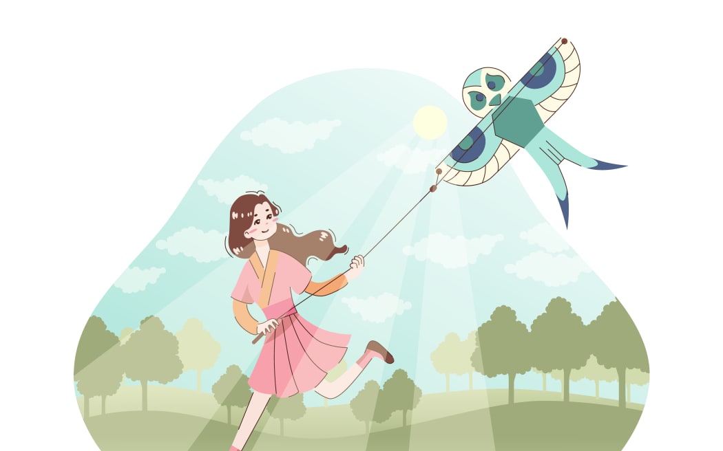 Asian people enjoying their free time. Japanese character performing traditional activities. Qing ming festival, gir fly kites during the holiday. Flat vector illustration