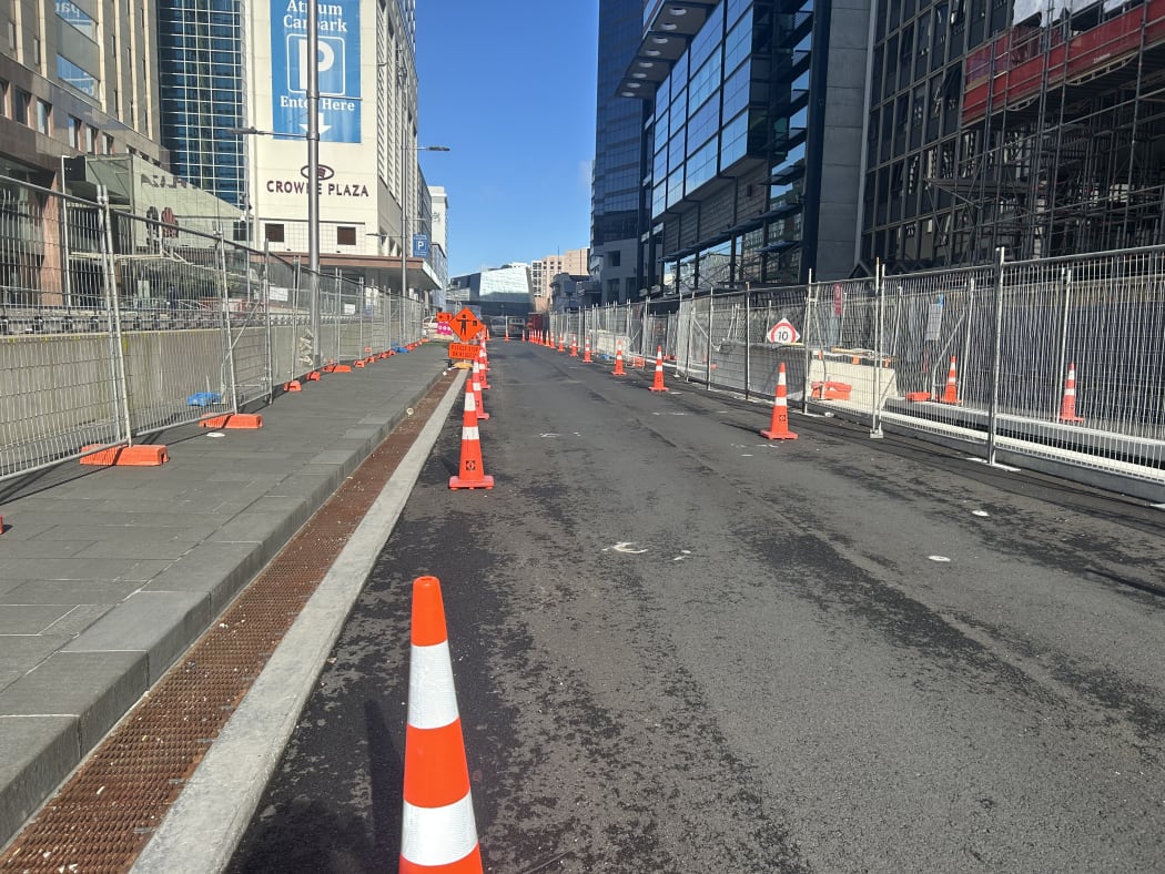 Image shows roadwork in Auckland's CBD. A line of orange road cones extend into the distance.