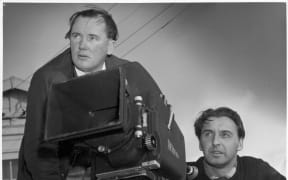 John O’Shea and Roger Mirams behind a blimped Arriflex. Probably during the shooting of one of the Kawerau productions 1954-55.