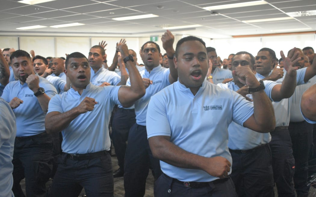 Some of the new Fijian recruits performing a haka as their five-weeks training was celebrated on Friday, April 26, 2024 at the New Zealand Corrections Training Centre in Upper Hutt, Wellington. Photo: Iliesa Tora/RNZ Pacific