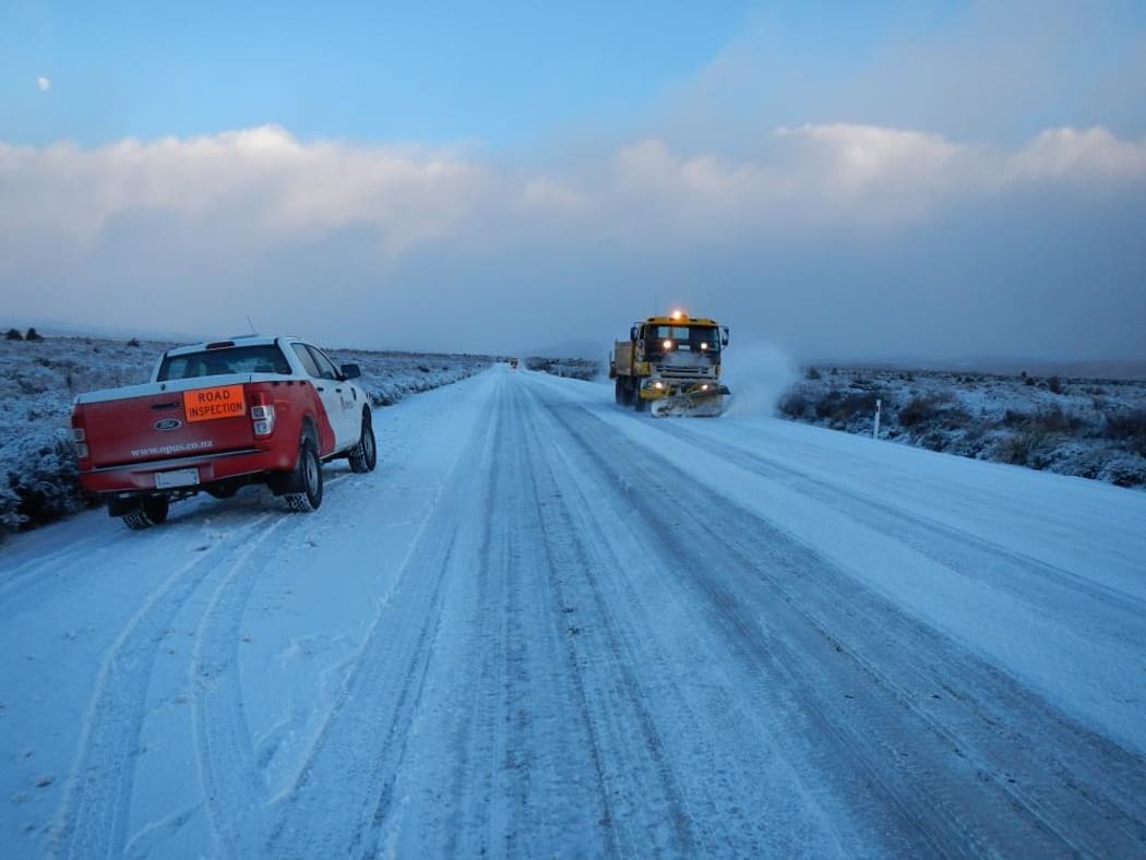 August 14 2014 Work is underway to clear snow from the Desert Road.