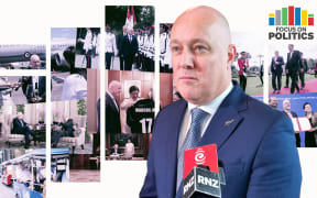 Focus on Politics: Collage of Christopher Luxon in front of snapshots from his tour of SE Asia