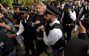 A man is arrested at a 'UK freedom movement' mass gathering in London