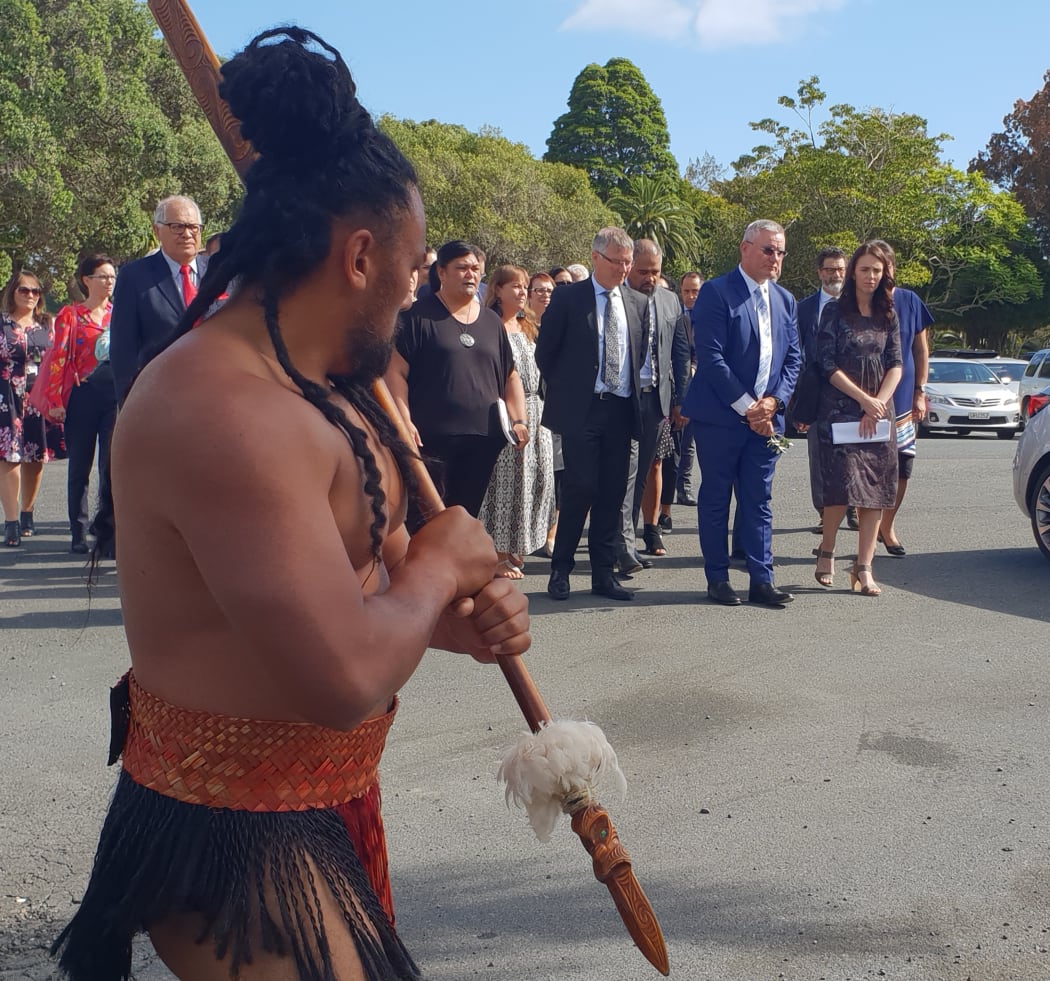Prime Minister Jacinda Ardern and her delegation arrive at the Treaty Grounds.