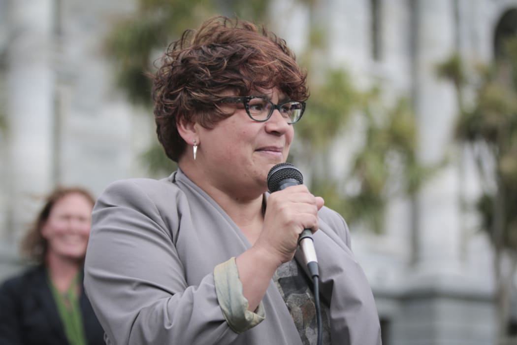 Metiria Turei speaks to people last year after a petition calling for cannabis legalisation was presented to Parliament.