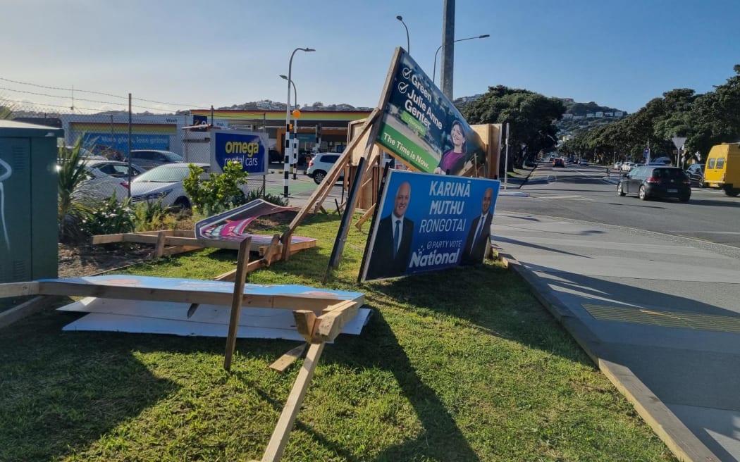 Election hoardings from across the political spectrum seen toppled in Mirimar on 18 September 2023 after the extreme wind overnight.