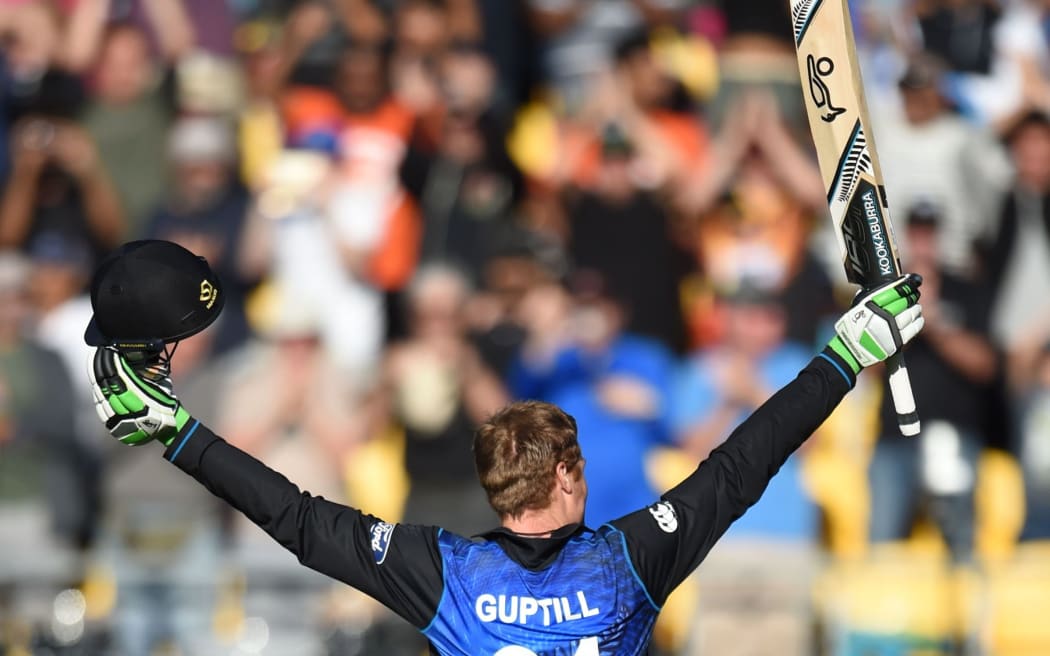 Martin Guptill celebrates his double century