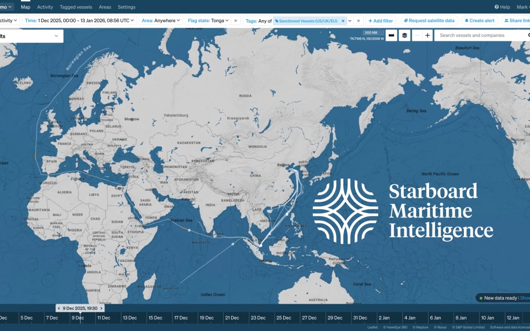Starboard Maritime Intelligence said they have tracked 10 "shadow fleet" vessels falsely flying the flag of Tonga. Graphic shows tracking over a period of time between 1 December 2025 and 13 January 2025.