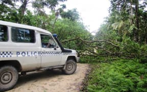 A road block on Santa Cruz island in April 2018 allegedly set up by people opposed to prospecting on the island by an overseas company