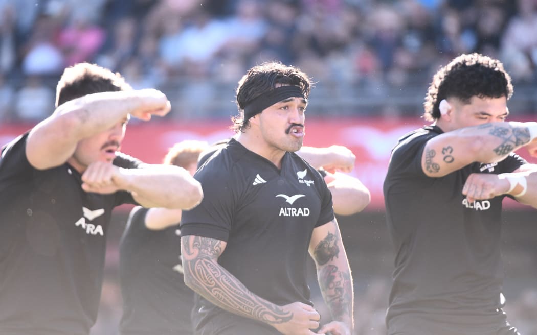 Marcel Renata leads the haka prior to New Zealand All Blacks XV v Georgia, France, 2024.
