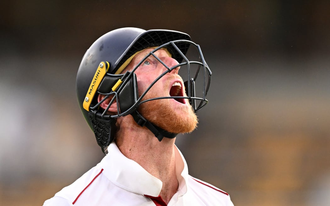 England captain Ben Stokes reacts after being dismissed.