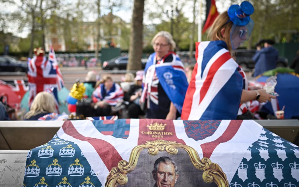 Royal fans camping out along the procession route on The Mall, Buckingham Palace in central London, on 5 May, 2023, ahead of the coronation weekend.