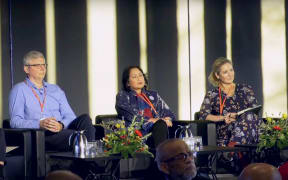 Senior editors from RNZ, Stuff and NZME take questions at He Whenua Taurikura - along with AUT senior lecturer Khairiah Rahman.
